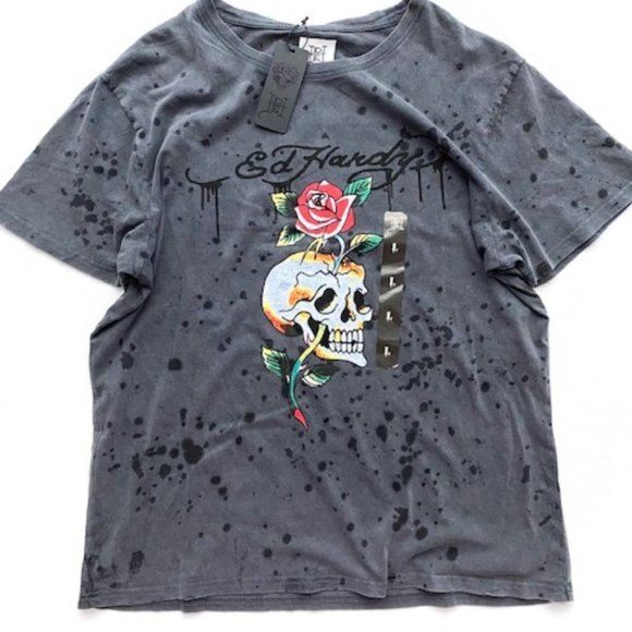 Ed Hardy Grey Splatter Skull Rose Print Tee